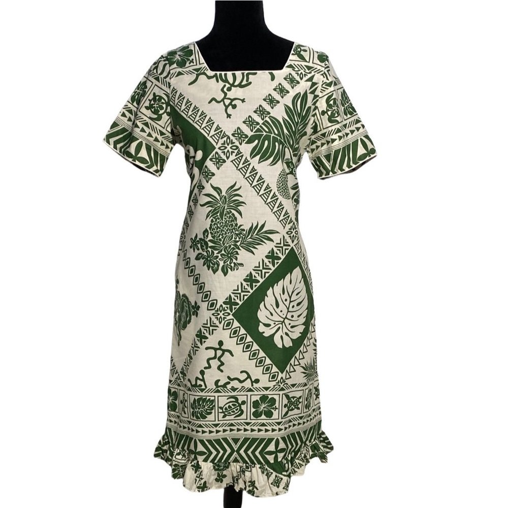 Winnie Fashion S Dress Midi Pineapple Hibiscus Tropical Cream Olive Green Ruffle